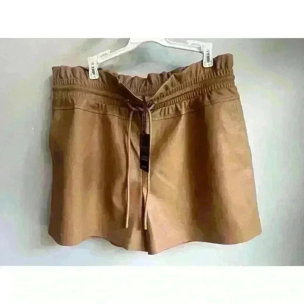 New! Philanthropy Tan Faux Leather Drawstring Shorts Size Large - Picture 3 of 5